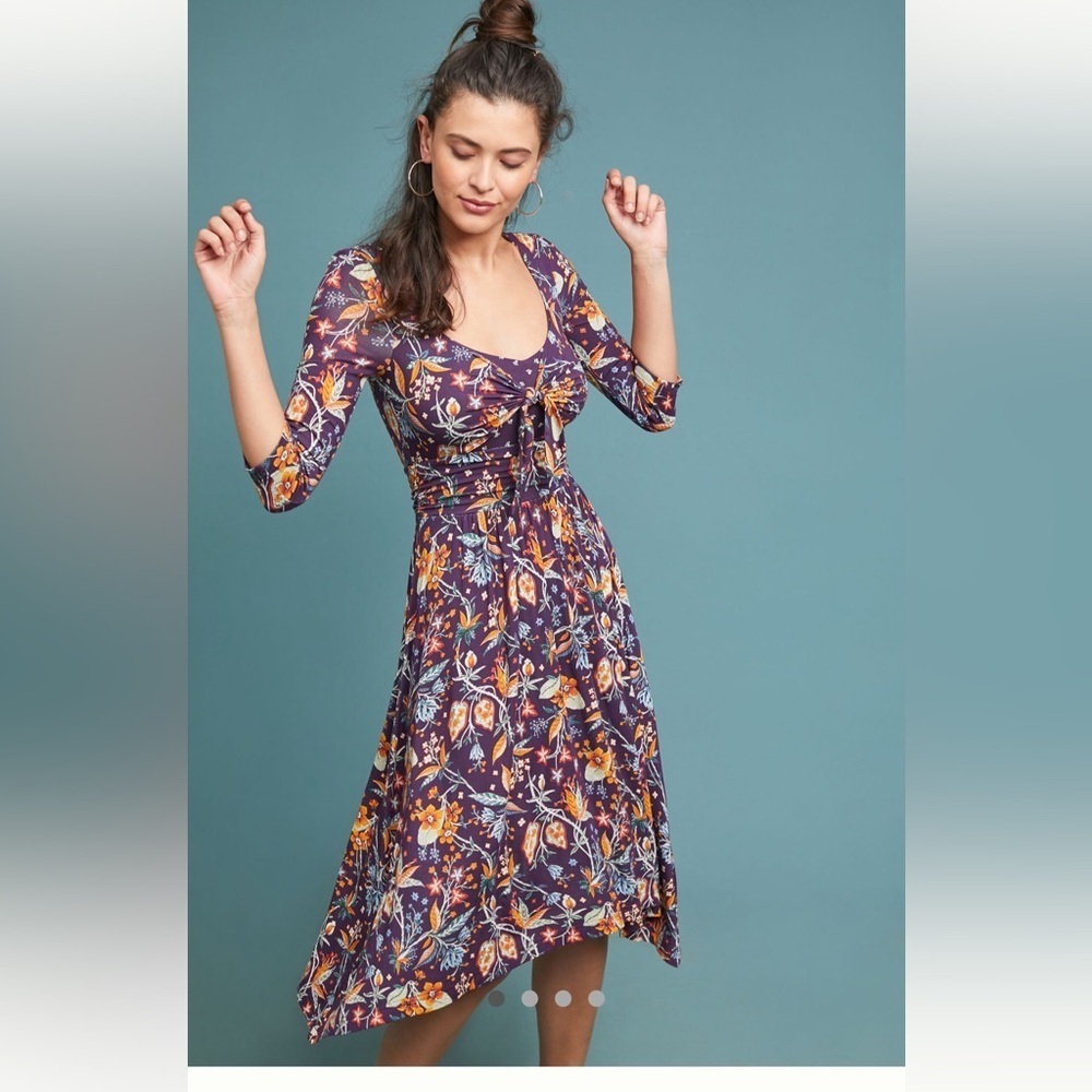 Maeve Anthropologie Beloved Purple Multi Floral Asymmetrical Midi Dress Small
